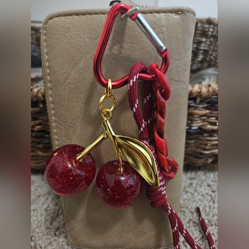 Cherry Keychain with Red and Gold Accents